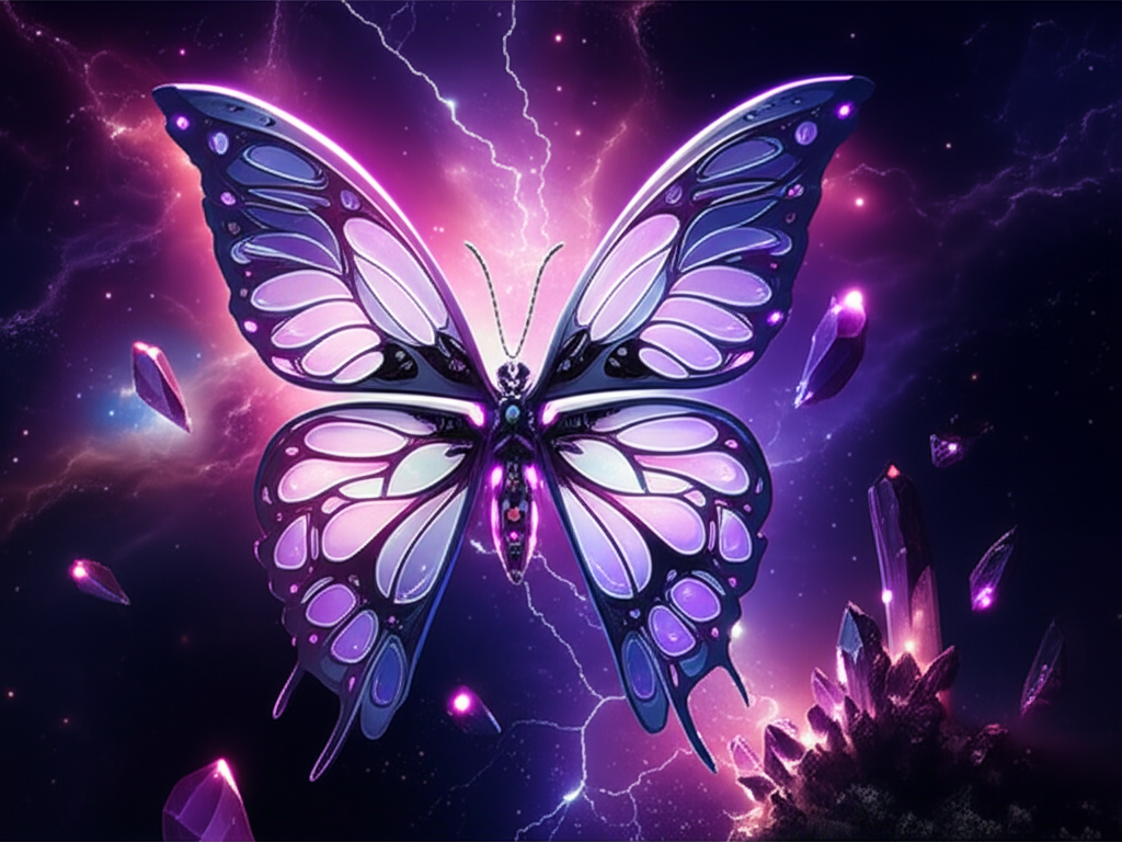 优雅的机械蝴蝶,翅膀为半透明金属材质,散发紫蓝色霓虹光,背景为幻翼星云